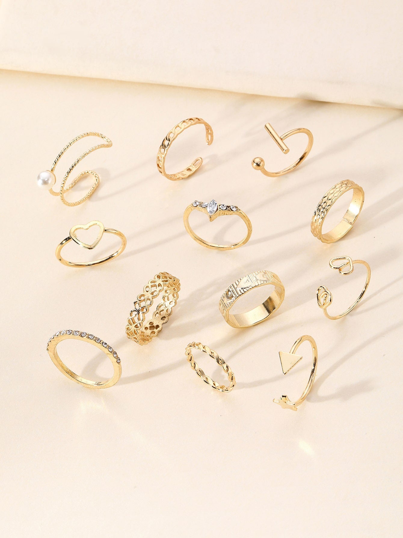 12pcs Personality Style Heart, Faux Pearl, Rhinestone, Twisted, Star & Stick Shape Dating Ring Set - Negative Apparel