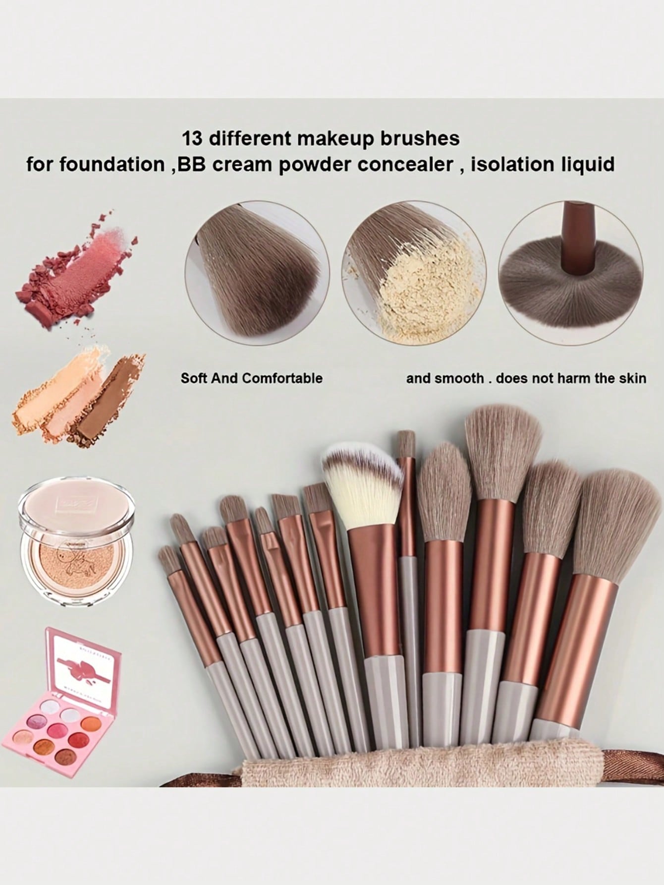 13Pcs Makeup Brush Set Soft And Powper Puff Fluffy Professional Cosmetic Foundation Powder Eyeshadow Kabuki Blending Make Up Brush Beauty Tool With Bag Makeup Sponge Beauty Gift For Makeup Beginner - Negative Apparel