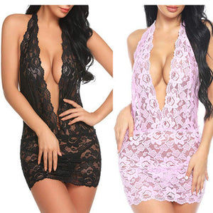 Cross-Border Supply European and American Export Sexy Lingerie Sexy Lace Hollow Hip-Covering Halterneck Women's Nightgown Wholesale