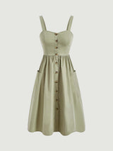 Women's Solid Color Wide Strap Front Button Casual Dress MOD