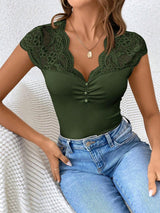 Women's Lace Patchwork Sheer Fabric Casual Black Summer T-Shirt