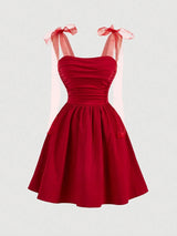 SHEIN MOD Elegant Burgundy Red Summer Party Dress,Ruched Fit And Flare Sweetheart Neckline With Sheer Organza Tie Straps