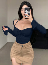 DAZY Women Chic Brown Floral Mesh Long Sleeve Crop Top