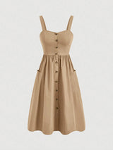 Women's Solid Color Wide Strap Front Button Casual Dress MOD