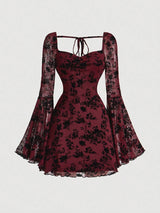 SHEIN MOD Elegant Ruched Bust Flare Sleeve Flocked-Jacquard Dress