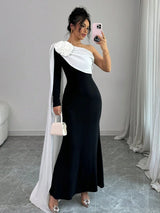 Floral Decor One Shoulder Cinched Waist Dress, Autumn Maxi Women FD
