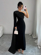 Floral Decor One Shoulder Cinched Waist Dress, Autumn Maxi Women FD