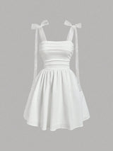 SHEIN MOD Elegant Burgundy Red Summer Party Dress,Ruched Fit And Flare Sweetheart Neckline With Sheer Organza Tie Straps