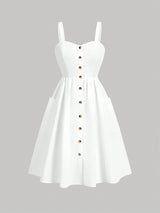 Women's Solid Color Wide Strap Front Button Casual Dress MOD