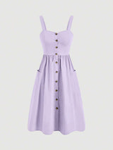 Women's Solid Color Wide Strap Front Button Casual Dress MOD