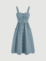 Women's Solid Color Wide Strap Front Button Casual Dress MOD
