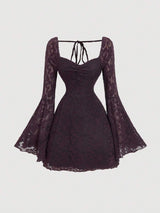 SHEIN MOD Elegant Ruched Bust Flare Sleeve Flocked-Jacquard Dress