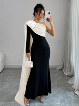 Floral Decor One Shoulder Cinched Waist Dress, Autumn Maxi Women FD