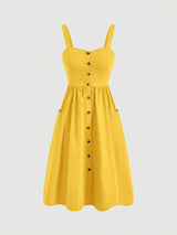 Women's Solid Color Wide Strap Front Button Casual Dress MOD