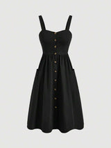 Women's Solid Color Wide Strap Front Button Casual Dress MOD