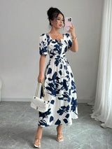 Women's Square Neck Puff Sleeve Waist Gathered Printed Summer Dress