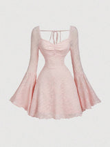 SHEIN MOD Elegant Ruched Bust Flare Sleeve Flocked-Jacquard Dress