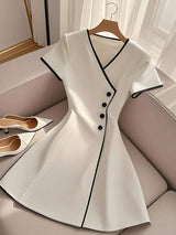 INAWLY Elegant & Fashionable Color Block V-Neck Cinching Waist A-Line Short Dress For Women