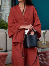 2pcs V-Neck A-Line Pants Set, Minimalist Urban Style,