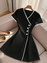 INAWLY Elegant & Fashionable Color Block V-Neck Cinching Waist A-Line Short Dress For Women