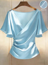 Franclia Elegant Satin, Short Sleeve, V-Neck, Casual Blouse