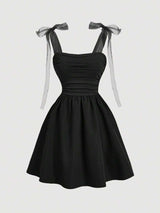 SHEIN MOD Elegant Burgundy Red Summer Party Dress,Ruched Fit And Flare Sweetheart Neckline With Sheer Organza Tie Straps