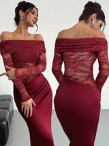 Firerie Women Summer Festival Old Money Elegant Sexy Minimalist Fashion Fatale Charm Valentine's Day  Party Date Off Shoulder Textured Mesh Sheer Gathered Low-Waist Bodycon Red Maxi FD