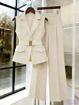 Women's Sleeveless Waistcoat With Metal Buckle Waist Belt
