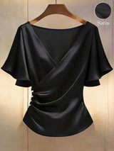 Franclia Elegant Satin, Short Sleeve, V-Neck, Casual Blouse