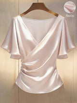 Franclia Elegant Satin, Short Sleeve, V-Neck, Casual Blouse