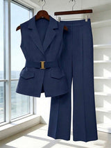 Women's Sleeveless Waistcoat With Metal Buckle Waist Belt