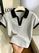 SHEIN Women's Solid Color Polo Collar Fitted Short Sleeve T-Shirt