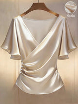 Franclia Elegant Satin, Short Sleeve, V-Neck, Casual Blouse