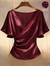 Franclia Elegant Satin, Short Sleeve, V-Neck, Casual Blouse