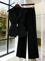 Women's Sleeveless Waistcoat With Metal Buckle Waist Belt