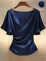 Franclia Elegant Satin, Short Sleeve, V-Neck, Casual Blouse