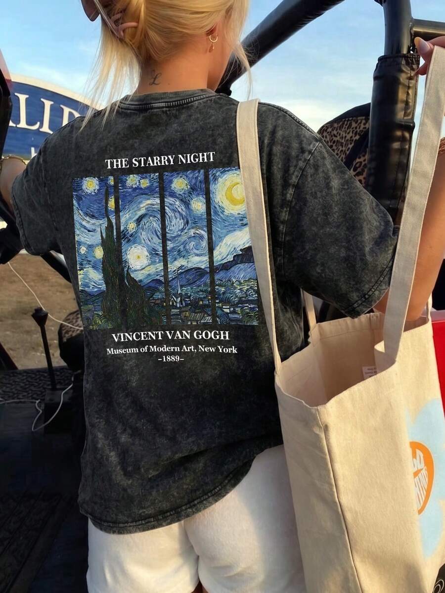 Women's Loose Starry Night Print Distressed Oversized T-Shirt