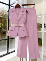 Women's Sleeveless Waistcoat With Metal Buckle Waist Belt