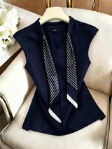 Women's Summer Knitted, Cap Sleeve V-Neck T-Shirt With Drawstring Scarf