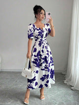 Women's Square Neck Puff Sleeve Waist Gathered Printed Summer Dress