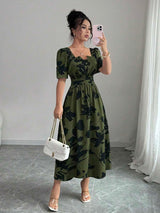 Women's Square Neck Puff Sleeve Waist Gathered Printed Summer Dress