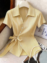 Franclia Elegant Blue And White Stripe Women Shirt,Summer Asymmetrical Tie-Waist Turndown Collar Blouse,Business Professional Work Tops For Brunch,Stylish