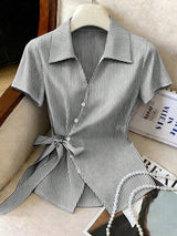 Franclia Elegant Blue And White Stripe Women Shirt,Summer Asymmetrical Tie-Waist Turndown Collar Blouse,Business Professional Work Tops For Brunch,Stylish