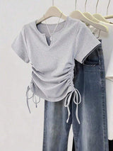 Women's Solid Color Pleated Casual Versatile Daily Wear Short Sleeve T-Shirt