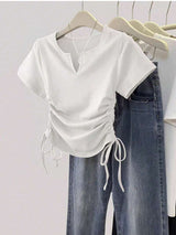 Women's Solid Color Pleated Casual Versatile Daily Wear Short Sleeve T-Shirt