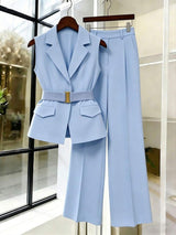 Women's Sleeveless Waistcoat With Metal Buckle Waist Belt