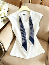 Women's Summer Knitted, Cap Sleeve V-Neck T-Shirt With Drawstring Scarf