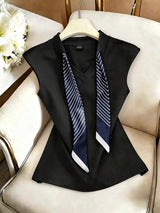 Women's Summer Knitted, Cap Sleeve V-Neck T-Shirt With Drawstring Scarf