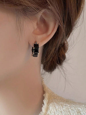 1pair Women's Simple & Fashionable Black Zircon Decor Ear Hoop, Unique Design Daily Earrings, Birthday Gift - Negative Apparel