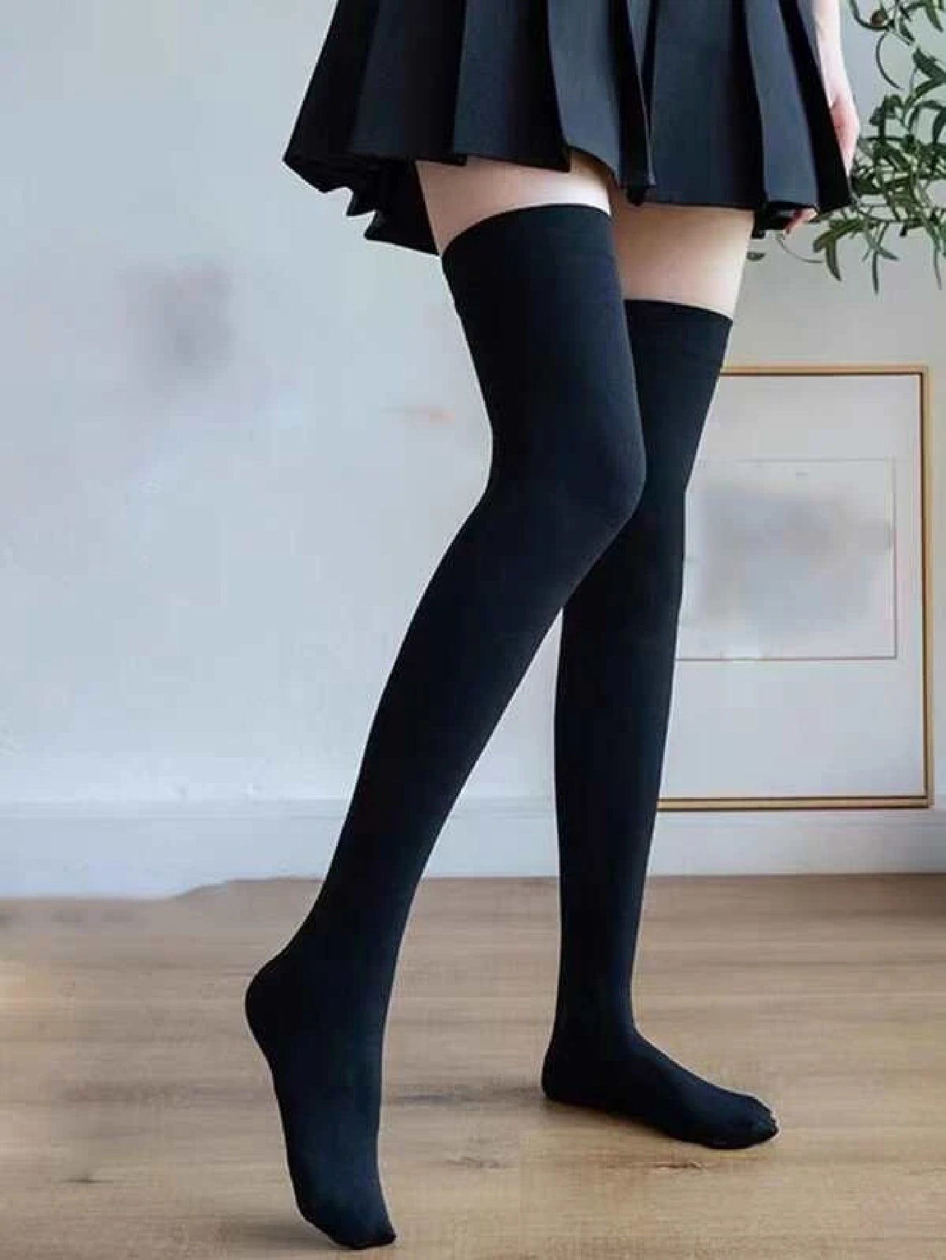 1pair Women's Solid Color Velvet Thigh High Stockings - Negative Apparel